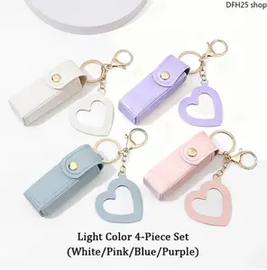4 Pack PU Leather Chapstick Holder Keychain With Built In Mirror, Portable Lip Balm Storage Case, Travel Makeup Organizer, Unisex Casual Trendy Accessory For Women Girls Daily Outdoor Use