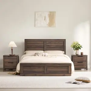 3-Piece Bedroom Set: wooden bed frame with upholstered headboard, two nightstands with storage, and a wooden platform mattress foundation—farmhouse bedroom furniture set