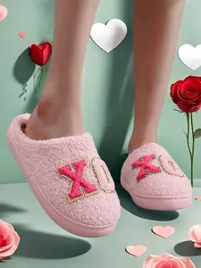 Women's Letter Pattern Glitter Design Plush Slippers, Casual Soft Comfortable Home Slippers, Warm House Slippers for Indoor & Outdoor Use for All Seasons, Footwear, Soft Fluffy Footwear