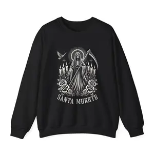 Santa Muerte Gothic Sweatshirt, Holy Death Crewneck, Day of the Dead Skull Jumper Gift Idea, Mexican Folk Art Skeleton, Dia de los Muertos