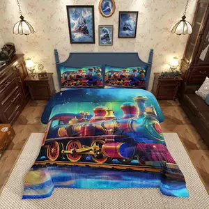 Steam Train Bedding Set,Aurora Train Comforter Set for Boys Girls Kids,Railroad Transportation Vehicle Quilt Bed Set,Northern Lights Bed Comforter Set,Bedroom Decor