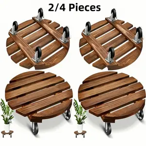 2pcs/set Acacia Wood Rolling Round Plant Caddy for Plant Pots, Heavy Duty Plant Stand with 360° Lockable Wheels, 240Lbs Capacity Caddy for Indoor And Outdoor Use, Large Plant Pots And Flower Pots, Gazebo