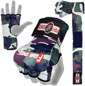 FIGHTSENSE Padded Gel Inner Boxing Gloves for Men and Women with Long Elasticated Hand Wraps for Punching, Boxing, MMA, Muay Thai, Kickboxing and Martial Arts Training (Pair Camo Green)