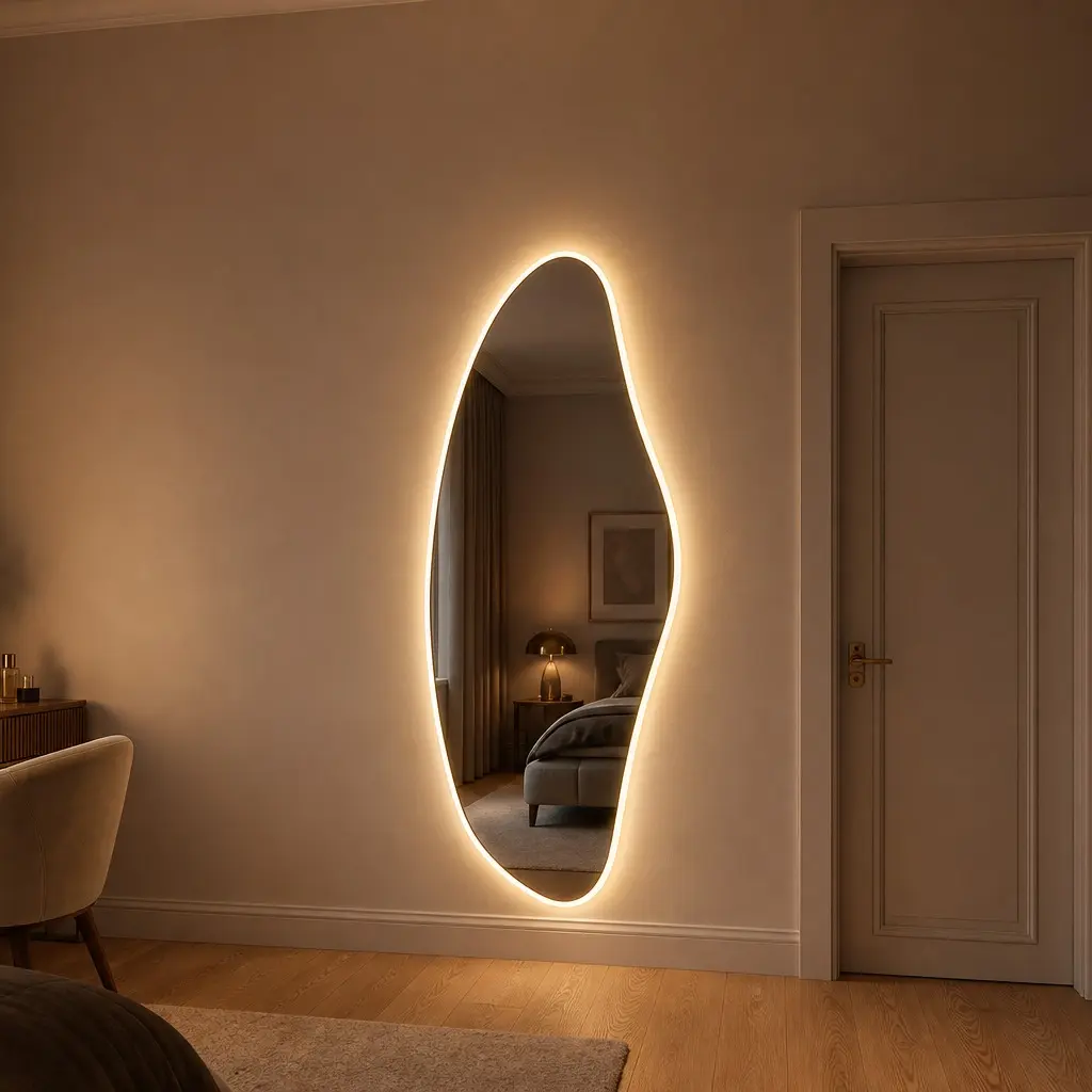 65"x25" Large Full Length LED Mirror, Modern Irregular Shape Wall Mirror with 3 Color Adjustable Lights, Full Body Dressing Mirror for Bedroom, Dressing Room, Closet and Home Decor