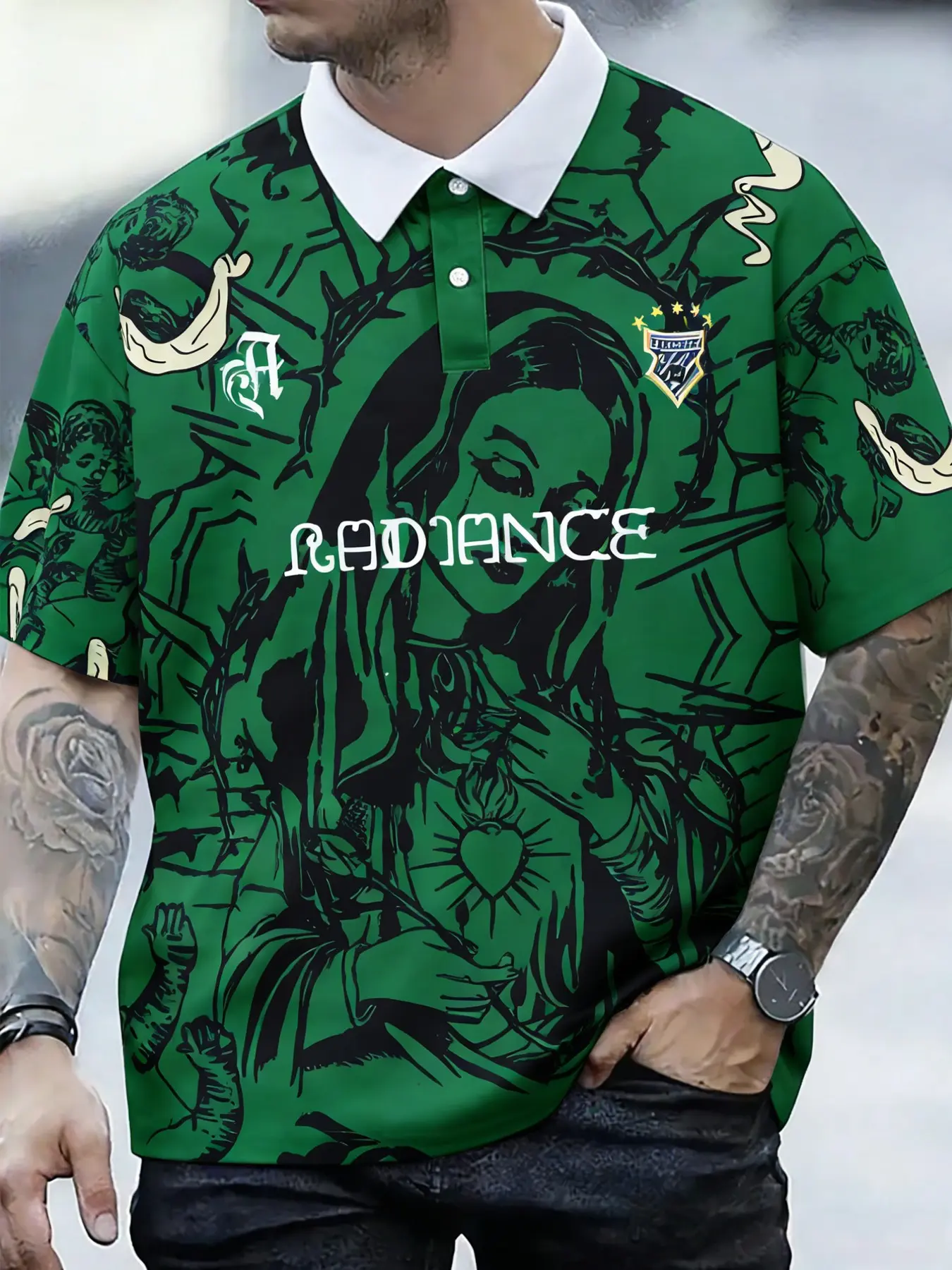 Vintage Chicano Casual Style Full Print Long Polo Shirt with Gothic Religious Graphic, Oversized Short Sleeve Urban Streetwear for Men, Aesthetic Radiance Lettering Top for Festivals and Street Photography, Clothes Fashion, Printed Polo Shirt