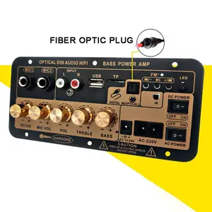 Audio Power Amplifier Board AC220V DC12-24V Dual Power Karaoke Amplifier Module Optical Fiber Bluetooth Audio Board Support USB TF FM Dual Microphone Echo Treble Bass Control