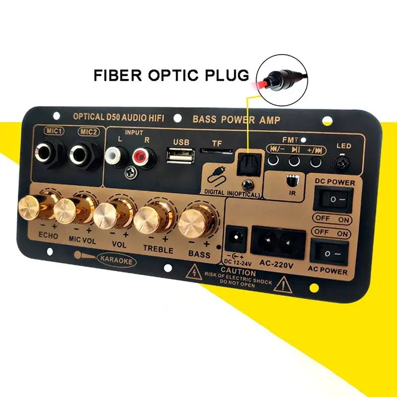 Audio Power Amplifier Board AC220V DC12-24V Dual Power Karaoke Amplifier Module Optical Fiber Bluetooth Audio Board Support USB TF FM Dual Microphone Echo Treble Bass Control