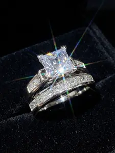 Fashion Style Square Diamond Zirconia Couple Ring Set, Elegant Rhinestone Jewelry for Women, Perfect Gift for Anniversary & Valentine's Day