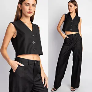 Claudia Button Front Vest Top | Preppy Black Button Up Vest | Trendy | Cropped Vest Fitted Womenswear | Minimalist Style