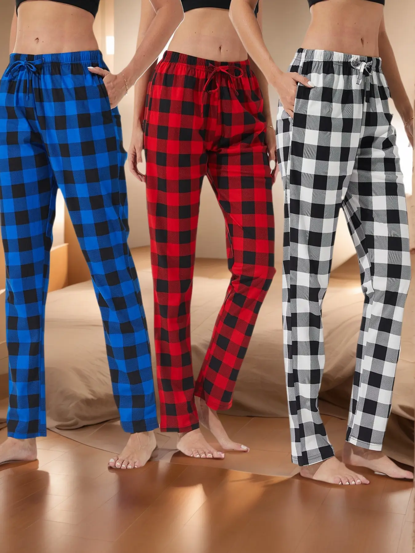 Women's Plaid Print Drawstring Waist Pajama Pants, Casual Comfy Pocket Trousers for Daily Wear, Ladies Sleepwear for All Seasons