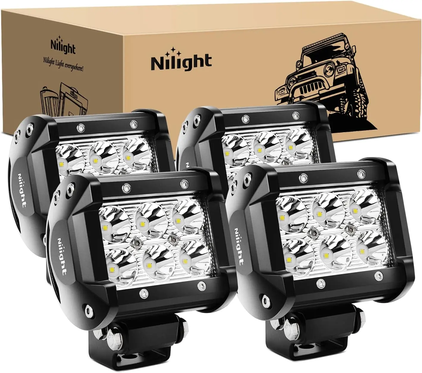 Nilight 4PCS Super Slim 18W 1260lm Spot LED Pods Lightbar - 12V/24V Waterproof Driving Fog Lights for Off-Road Cars, Truck Upgrades with LED Bar & Work Lights for Offroad Use, Led Bar Light Light Bars & Work Lights