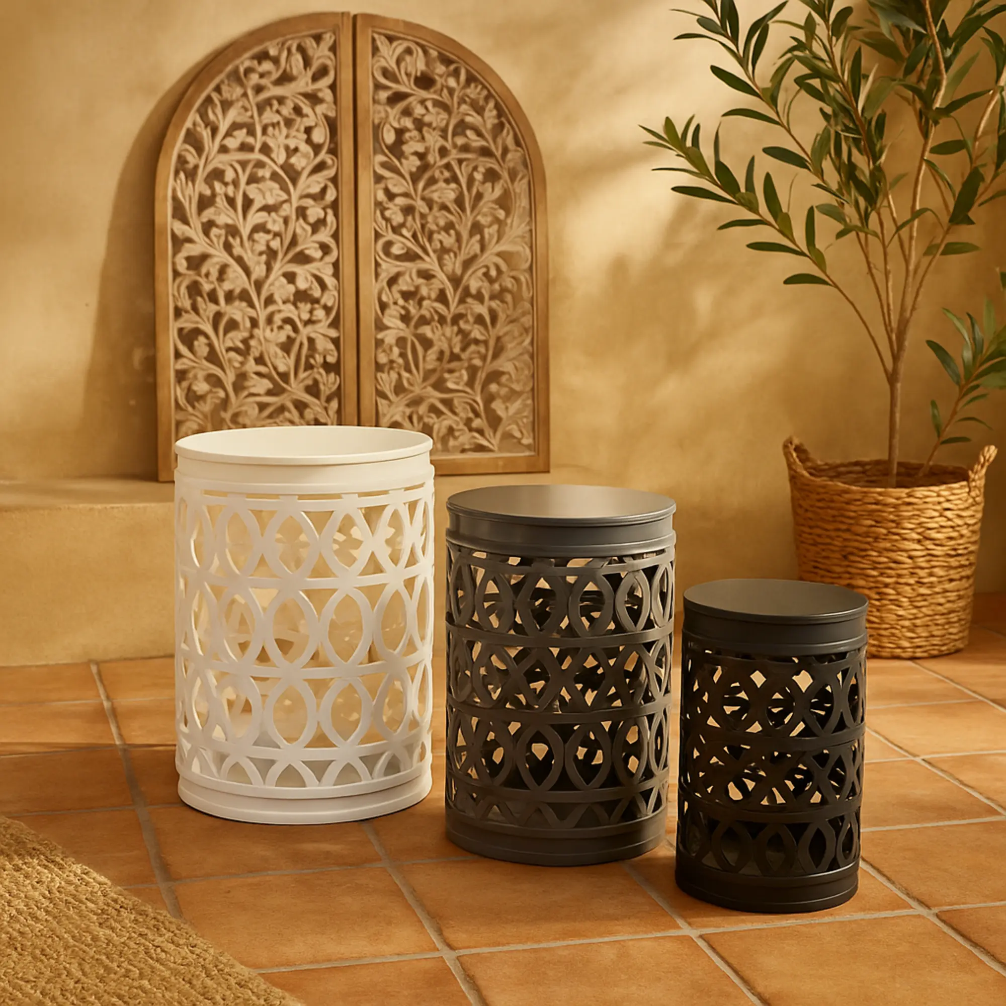 3-Piece Iron Nesting Side End Accent Tables - Laser Cut Trellis & Geometry Design, Matte Finish, Fully Assembled, Indoor & Outdoor Use for Pool, 22"H/18"H/15"H, 11.55Lx11.60Wx14.70H in, 100 lbs Max Load, 17.39 lbs Total Weight, Indoor And Outdoor Use