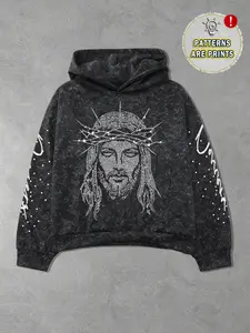 Men's Hooded Sweatshirt with Trendy Bulging Jesus Print, Casual Fitted Design, Comfortable Skin-Friendly Fabric for Fall & Winter, Graphic Hoodie