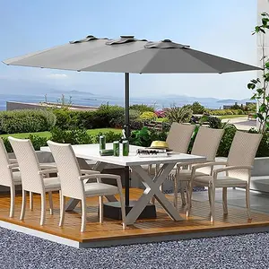 15FT Double-Sided Patio Umbrella with Base, Extra Large Outdoor Shade, UV Resistant, Fade Resistant, Waterproof Polyester, Easy Crank Lift, Powder-Coated Steel Frame