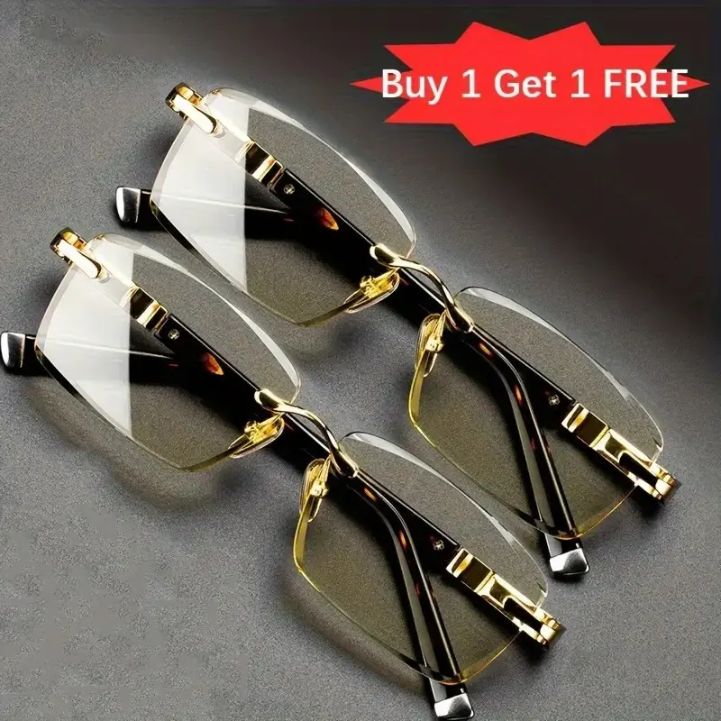 Men's High-Quality 2-Pack Rimless Aesthetic Blue Light Eyeglasses - Brown Crystal Design, Eye-Protective for Screen Time, Lightweight Durable Plastic Lenses, Stylish Eyeglass Rimless Shades