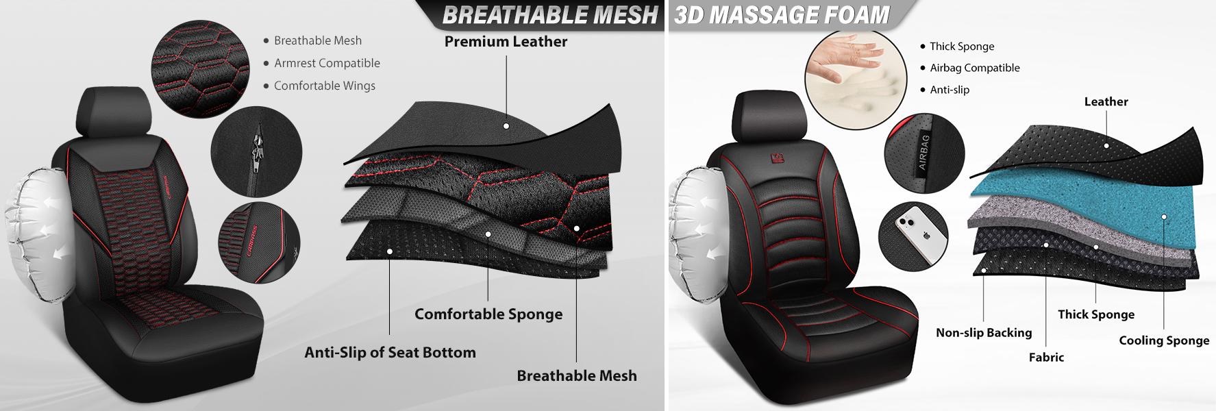 CAR PASS 3D Foam Mesh Leather Car Seat Covers Front Seats, Air Cool Mesh Front Seat Covers for Car, Universal Fit for SUV Truck Sedan Automotive, Armrest Airbag Compatible