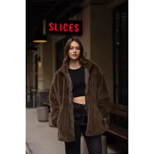 Fluffy Faux Fur Coat with Waist String - Olive