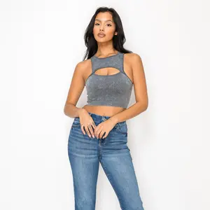 FREE JUNNS (013) | Acid Wash Gray Chest Cutout Ribbed High-Neck Crop Top