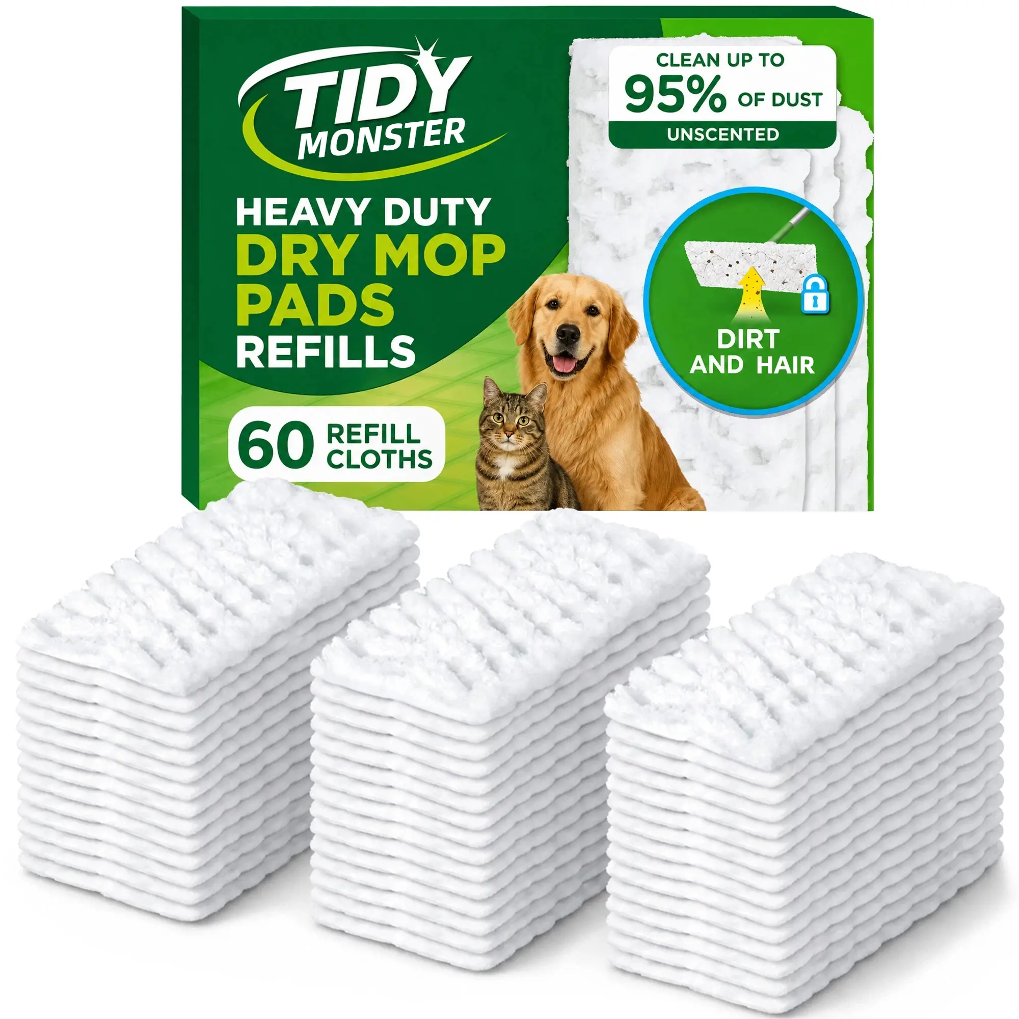 60 Pack Heavy Duty Dry Sweeping Cloth Refills Compatible with Swiffer Sweeper, Disposable Dust Mopping Pads for Hardwood, Tile & Floor Cleaning