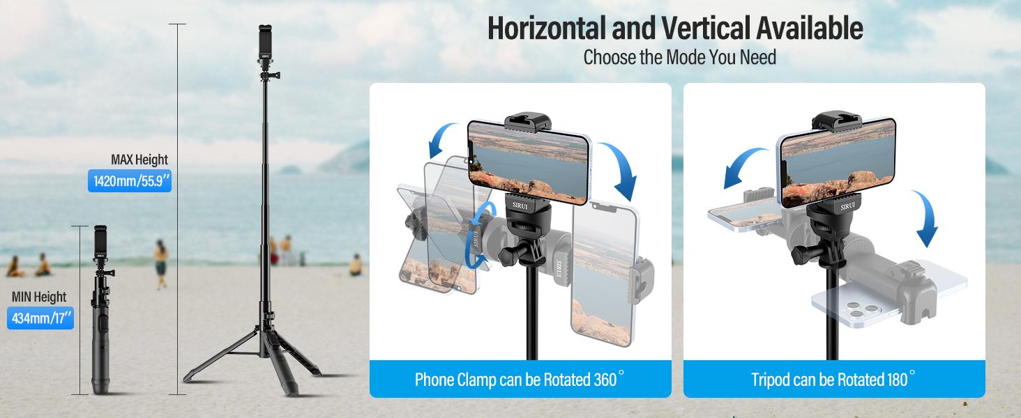 Sirui Selfie Stick Tripod,SIRUI MS-01K Portable Extendable Tripod Stand with Bluetooth Remote & Phone Mount Compatible with 1/4"" Female Thread
