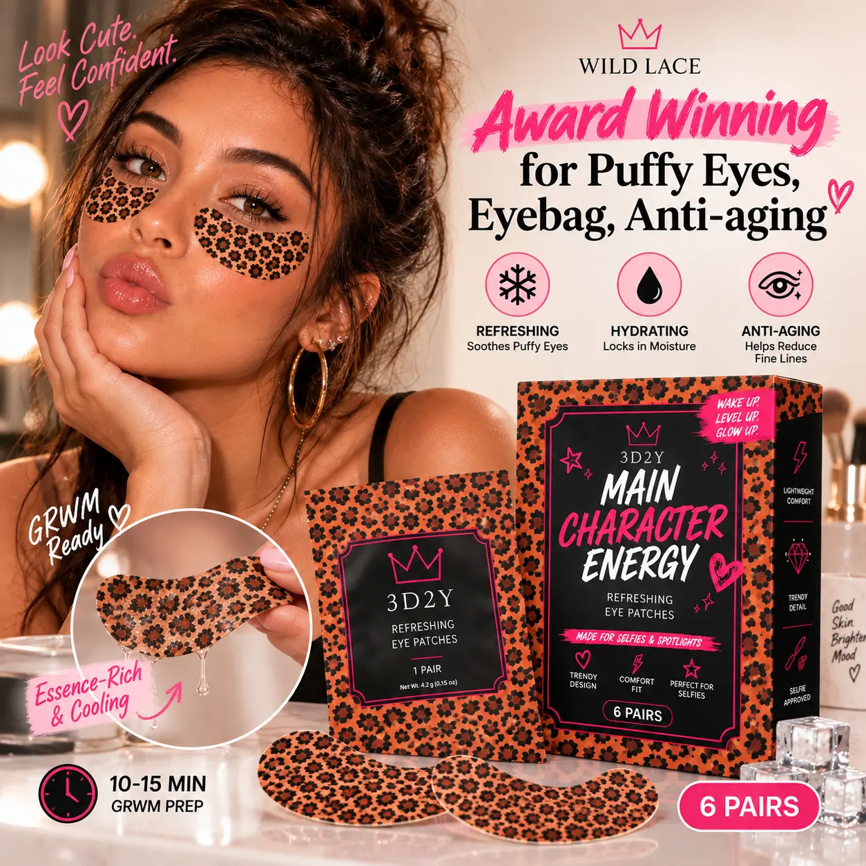 3D2Y Award Winning Eye Patches for Puffy Leopard Print  Eye Patches,  | Hydrogel Eye Patches with PDRN, Collagen, NAD | Refreshing for Puffy, Tired Eyes | Firming for Look of Wrinkles, Fine Lines | Korean Skincare Soft-Matte Face Accessories  ,6 Pairs