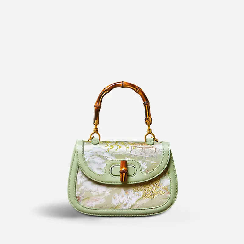 Chinese Art Green Painting Xiangyunsha Silk Natural Bamboo Handle Purse Handbag Elegant Bag