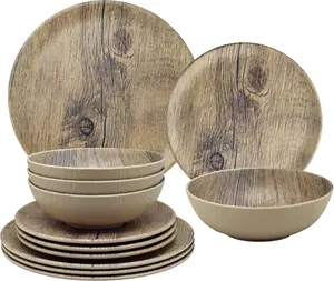 12 Piece Wood Grain Melamine Dinnerware Sets, Outdoor Dishes Set, Plates and Bowls Sets, Service for 4, Brown