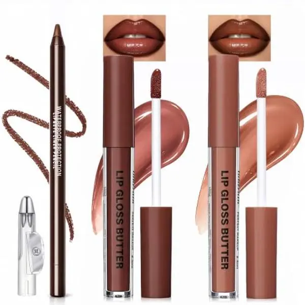3PCS Nourishing Lip Liner and Lip Gloss Set, Lip Gloss & Brown Lip Liner Combo Sets, Non-Sticky Plump Lips Kit for Women, Moisturizing Nude Lip Glow Oil, Lightweight & Long Lasting Lips Makeup