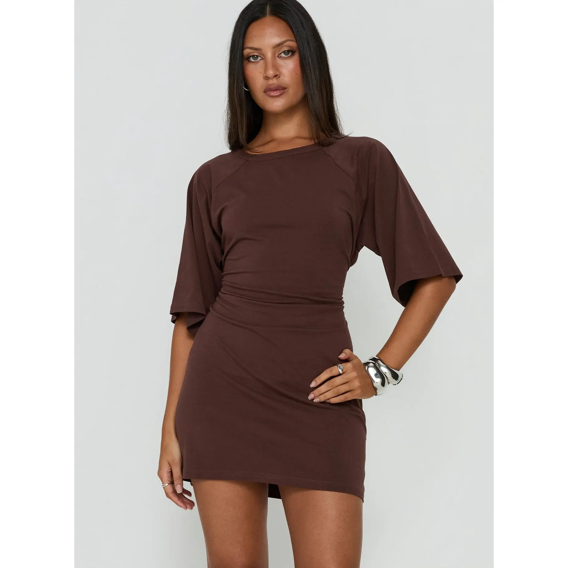 Enzia Raglan Lace Up Mini Dress Brown