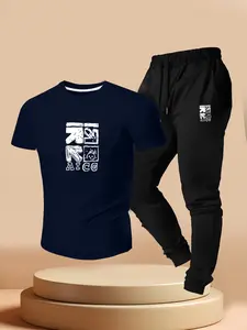 Men's Casual Short Sleeve T-Shirt & Jogger Pants Set, Summer Anime Street Style, Aicg Hand-Drawn Graffiti Print, Two-Piece