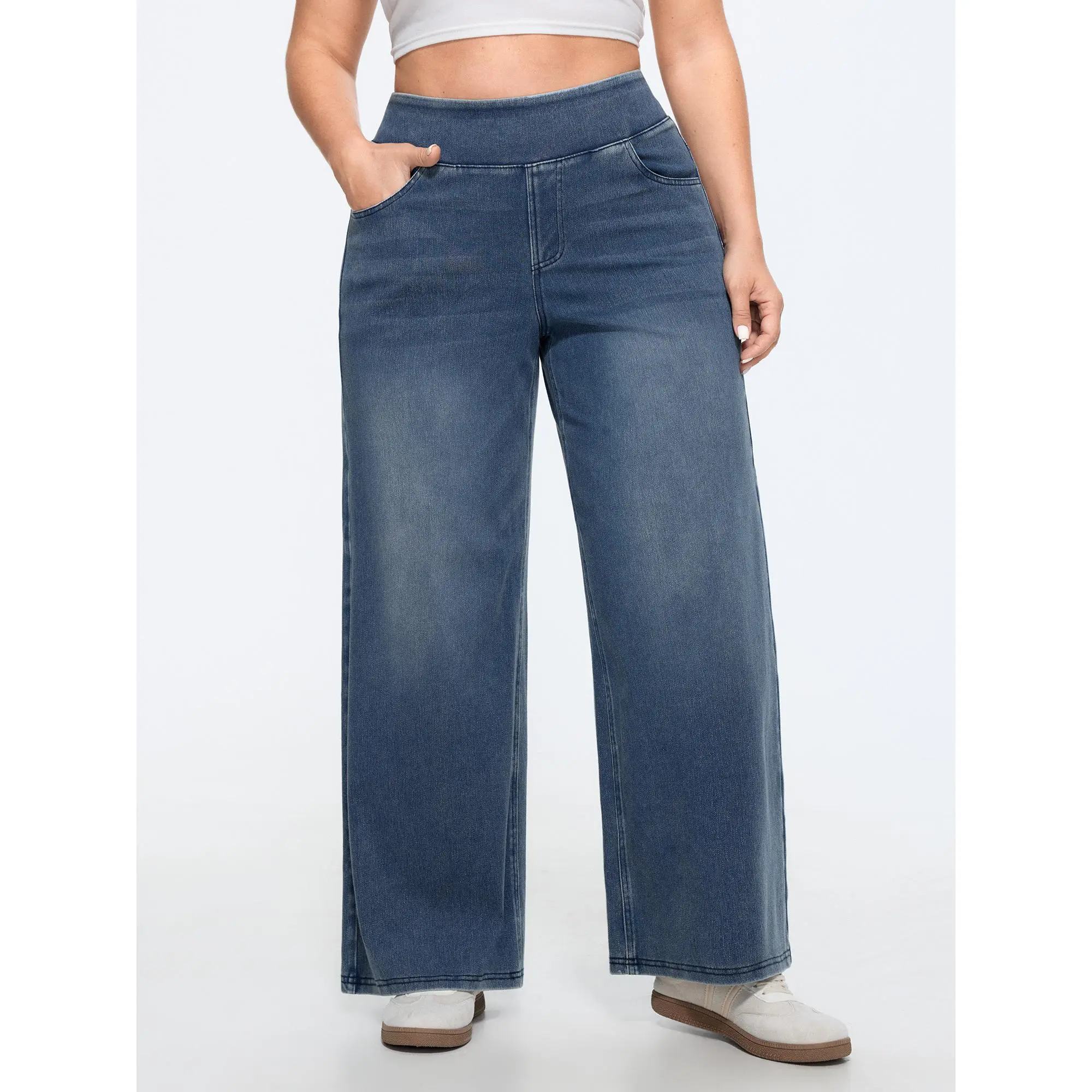 BloomChic Plus Size Pull-On Jeans, Tall Wide-Leg Stretchy Cotton Pants with a Wide Waistband and 5 Pockets, Blue Vintage, Spandex, Fabric, Bottom, Elastane, Garment, Basic, Fit, Curvy Clothing, Lady, Tall Jeans, Low Iron
