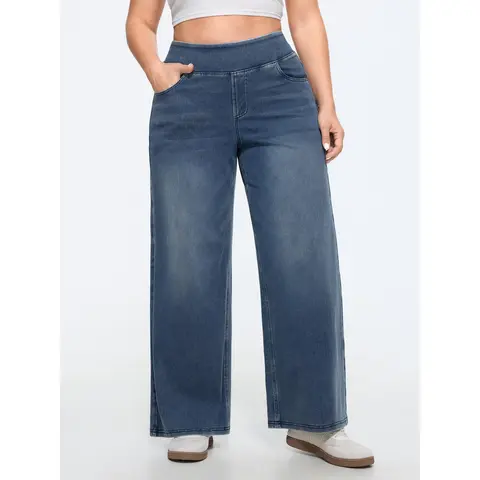 BloomChic Stretchy Pockets Pull-On Wide-Leg Washed Casual Knit Jeans 【M-6XL】
