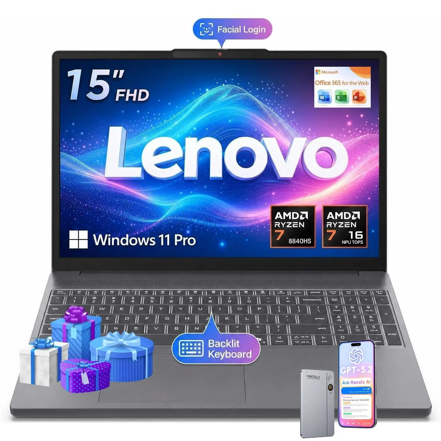 2026 Lenovo Gray 15.3" Touchscreen Laptop | Ryzen 7 8840HS, Radeon 780M Graphics, Up to 32GB RAM 1TB SSD, FHD 1080P IR Camera, Backlit Keyboard, Windows 11 Pro, Bundle Accessories Included