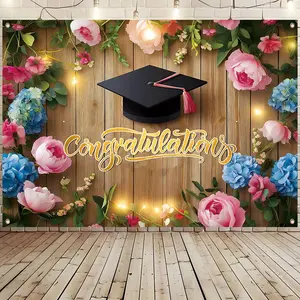 Graduation Theme Background Banner, 1 Count Flower Surrounded Mortar Hat Pattern Backdrop, Decorative Banner for Home Party & Outdoor Lawn & Garden