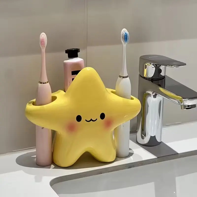 Cute Star-Shaped Plastic Toothbrush Holder, Independent Bathroom Storage, Adorable Face Design, Durable Plastic Structure, Space-Saving Rack, Toothbrush And Toothpaste Holder, Toothbrush Holders For Bathrooms