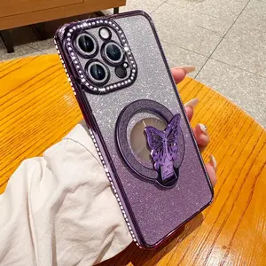 Glitter Butterfly Design Phone Case with Ring Holder, Decorative Phone Protector Cover, Phone Accessories Compatible with iPhone 12 13 14 15 16 Pro Max