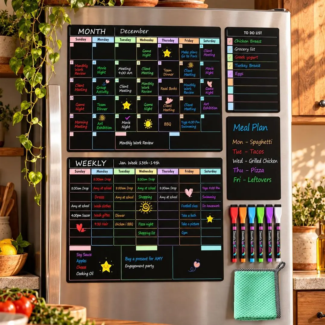 MaxGear Magnetic Chalkboard Calendar for Refrigerator, Black or White Fridge Planner Set, 4 Planning Boards, Monthly Calendar, Weekly Planner, To-Do Board, Blank Board, Markers, Magnets and Eraser