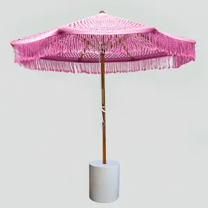 Resol Beach "Casablanca" unique handmade natural teak and knotted cotton macrame patio umbrella - Pink