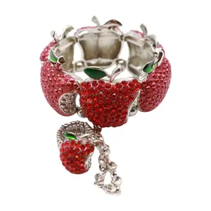 Women Silver Metal Wrist Bracelet - Fashion Jewelry Hand Chain Red Apple Charm Connected Ring