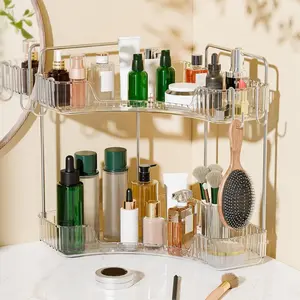 2 Tier Corner Bathroom Organizer Countertop, Plastic Bathroom Counter Organizer, Vanity Tray Sink Shelf with Hooks, for Makeup Storage (Clear)
