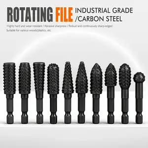 10-Piece Rotary File Set, Carbon Steel Wood Carving Bits, 1/4 Inch Hex Shank, for Wood & Plastic Shaping and Polishing