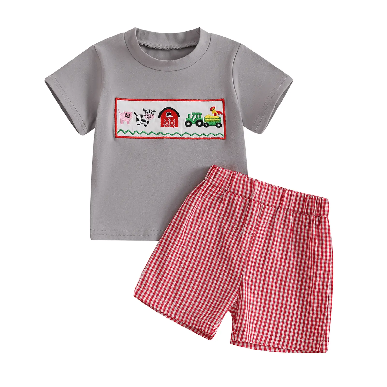 Baby Girl Boy Summer Clothes Short Sleeve Farm Animal Embroidery T Shirt Tops T-shirt Tops Vintage Plaid Elastic Waist Short Two Piece Outfits