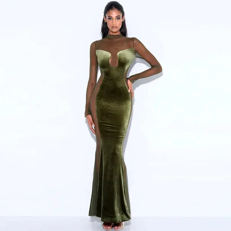 Velvet Illusion Mesh Maxi Dress