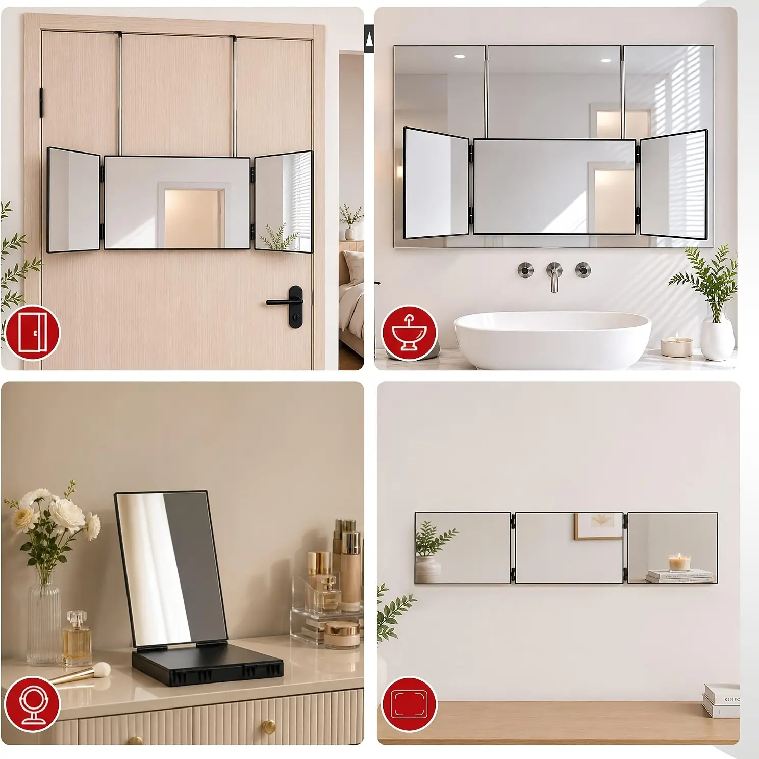 360° Bathroom Mirror, 3 Way Mirror Adjustable Height, Black, Clear HD Glass And Adjustable Height Provide All-around Viewing For Hair Cutting, Styling, Grooming, Makeup And Shaving