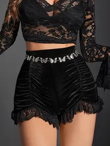 Women's Contrast Lace Ruched Velvet Shorts without Waist Belt, Goth Asymmetrical Hem High Waist Skinny Shorts for Party Holiday Vacation, Girly Clothing, Ladies Bottoms for All Seasons, Shorts for Women, Womenswear, Chic, Fashion