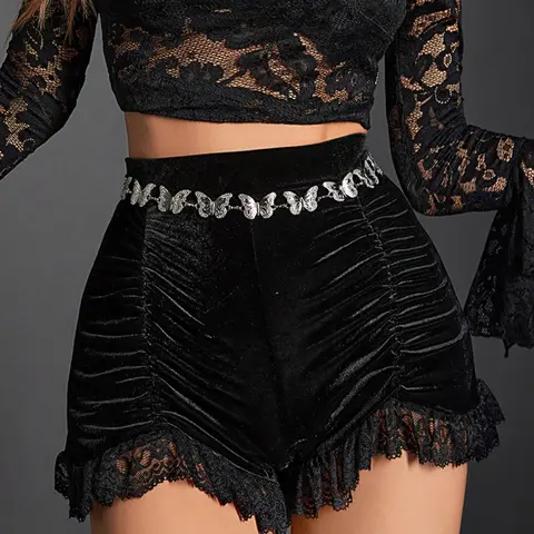 Women's Contrast Lace Ruched Velvet Shorts without Waist Belt, Frilly Shorts, Goth Asymmetrical Hem High Waist Fitted Skinny Shorts for Party Festival Holiday Vacation, Ladies Bottoms for All Seasons