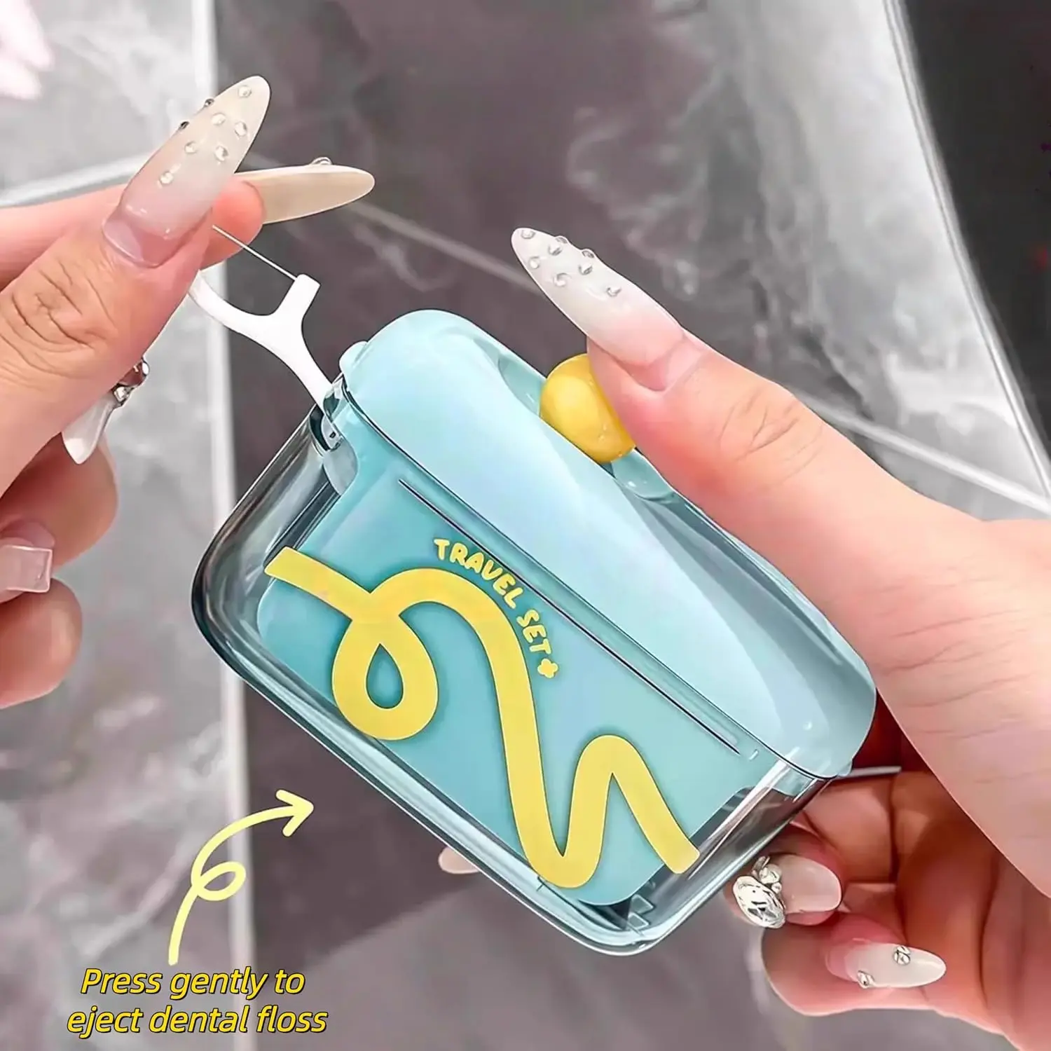 Dopamine Color Compact Plastic Oral Floss Pick Holder - Automatic Pop-Up Mechanism, Space-Saving Home Floss Storage Box for Disposable Picks, Mini Travel Case