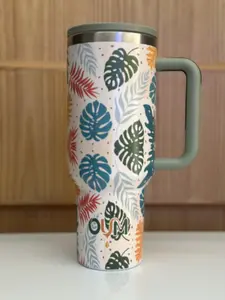 OUMAE 40oz Tropical Botanical Leaf Stainless Vacuum Flask - Portable Tumbler with Handle, Lid, Car Cup Holder Safe, Leak-Resistant, Recycled Stainless Steel Bottle, Flasks, Stainless Vacuum Flasks