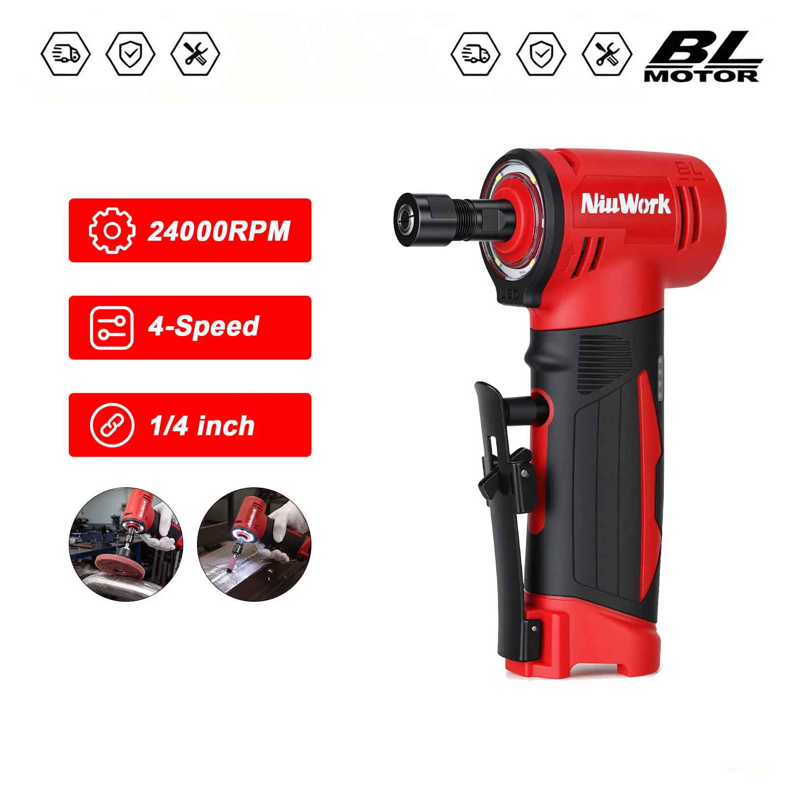 NiuWrok Cordless Right Angle Die Grinder - 12V Power Die Grinders,4-Speed  Max 24000RPM, 1/4" Angle Die Grinder Kit with 2.0Ah Battery & Charger for Gasket Removal, Grinding, Polishing