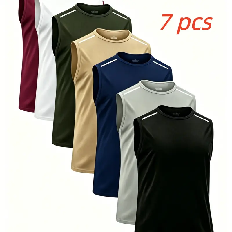 7Pcs Men’s Quick Dry Athletic Tank Tops, Breathable Stretch Sleeveless Shirts for Gym Workout Training, Loose Fit Round Neck  Sports Vests, Lightweight Summer Casual Sleeveless Tees for Outdoor Activities Fitness, Breathable  Sleeveless Workout Tank Tops